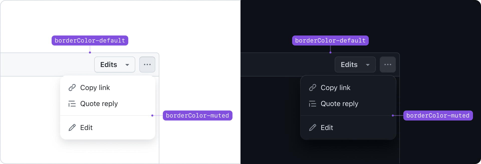 GitHub interface dropdown menu with border color annotations in light and dark themes. In light mode, the dropdown is outlined with 'borderColor-default', while menu options are separated by 'borderColor-muted'. In dark mode, the same color roles apply with adjusted shades for contrast.