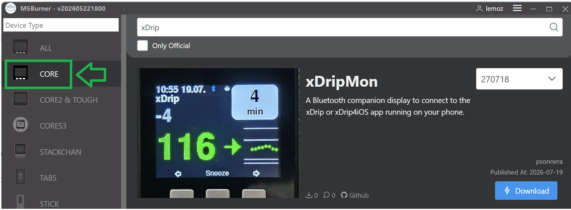 Select CORE, search xDrip and click Download
