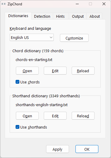 Dictionaries tab of ZipChord