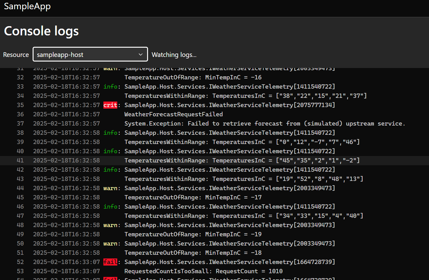 Console logs view