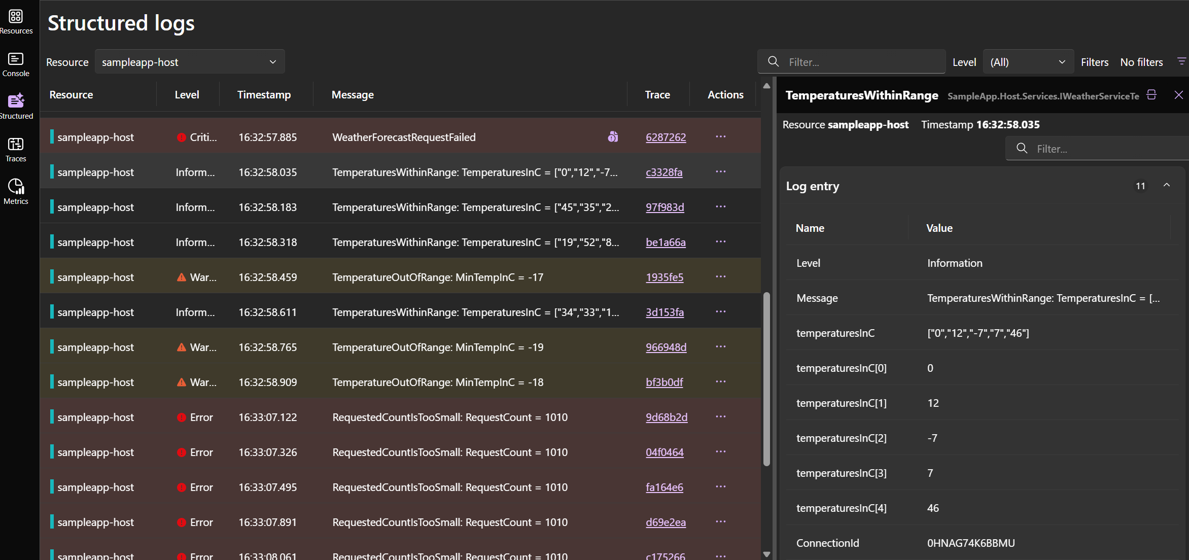 Structured logs view