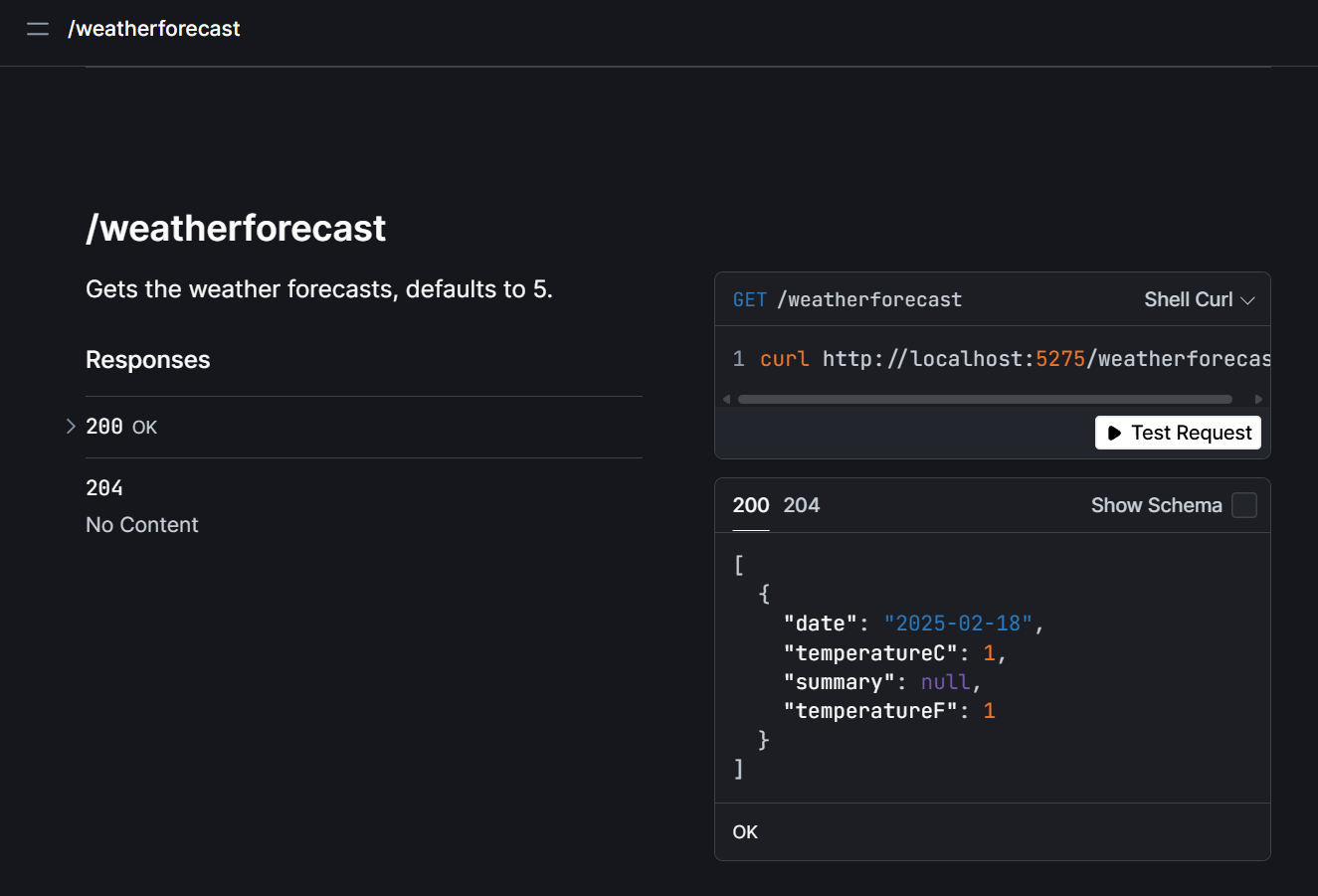 Scalar API reference with weatherforecast endpoint expanded