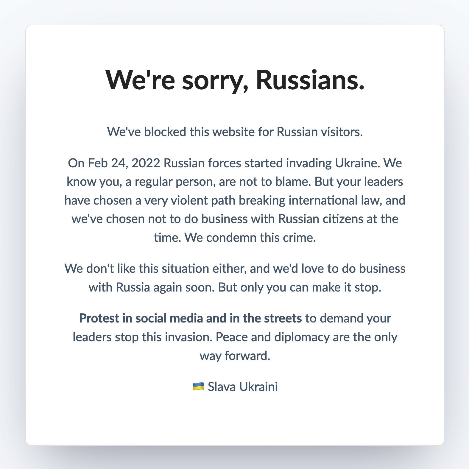 Embargoed message displayed to Russian visitors