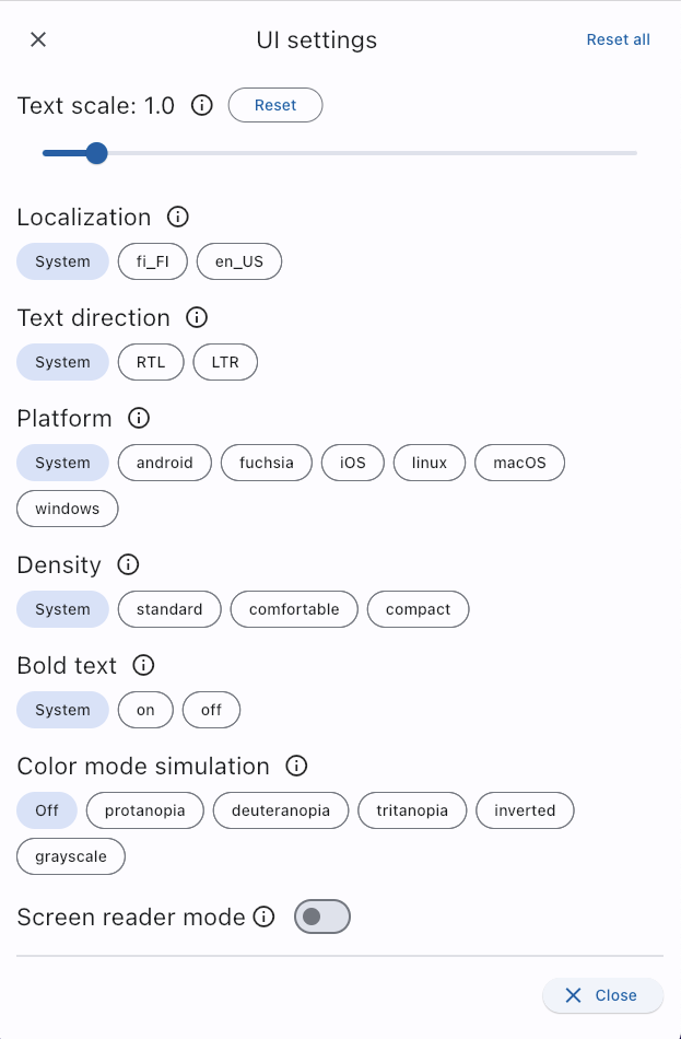 A screenshot of testing tools panel with a list of toggles that developers can use to check how their app works with various settings: text scale, localization, text direction, color mode simulation