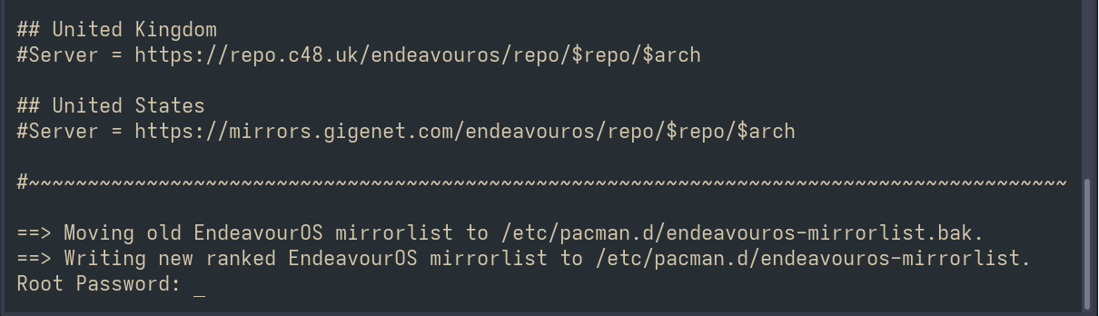 Bottom of eos-rankmirrors terminal output waiting for root password confirmation to save the mirrorlist.