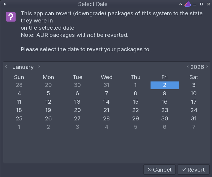 A GUI window for the eos-shifttime tool displaying a monthly calendar. The selected date is January 2, 2026.