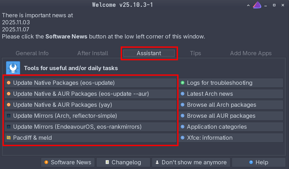 Endeavour OS Welcome program v25.10.3-1 with a list of update scripts on the Assistant tab.