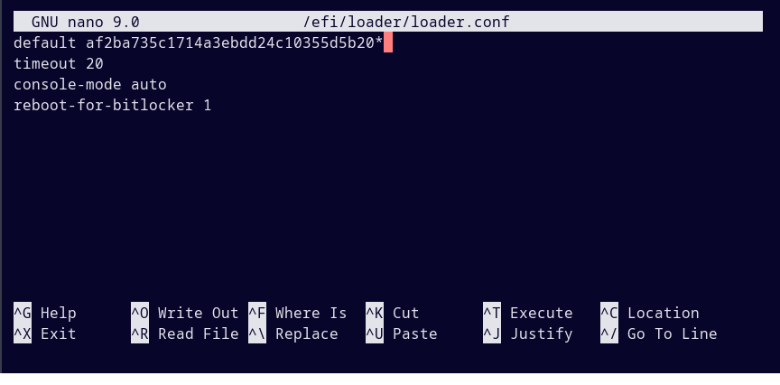 Terminal window showing the loader.conf file being edited with GNU nano editor