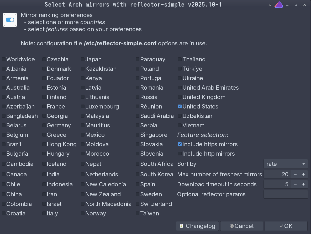 A GUI Preference menu that displays after running reflector-simple, displaying settings such as region, filter by options, and amount.