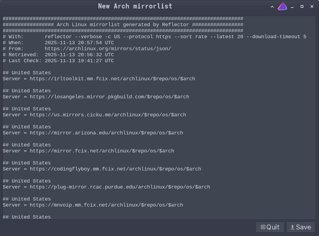 New mirrorlist output from reflector-simple listing 20 U.S. mirrors ranked by speed.