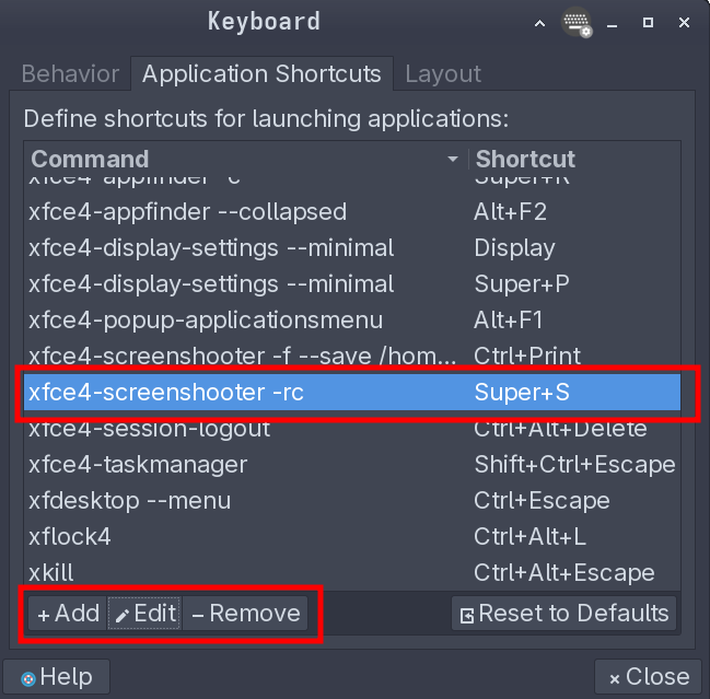 EOS keyboard application on the shortcuts tab with the new xfce4-screenshooter -rc shortcut selected.