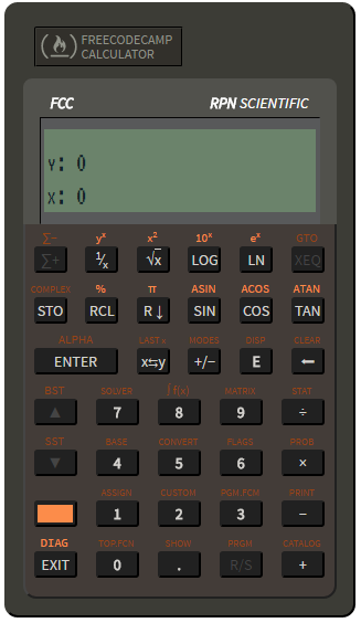 Screenshot of a JavaScript calculator styled to look like an HP RPN scientific pocket calculator