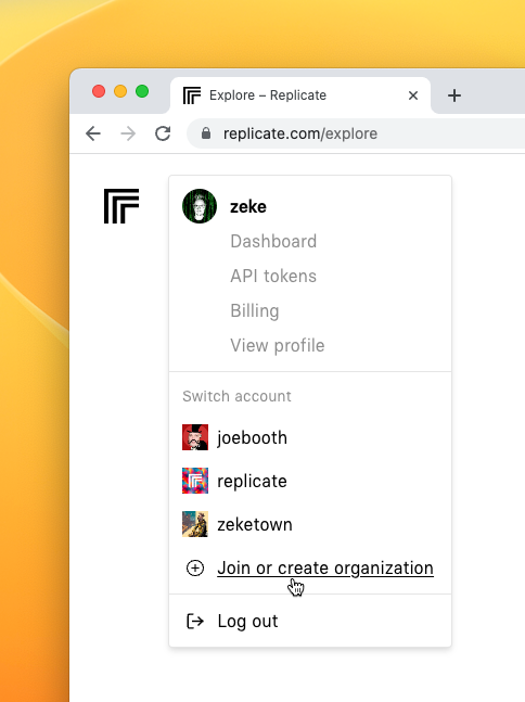 A screenshot of the account menu showing shortcuts to various pages, a list of organizations, and a button to join or create an organization
