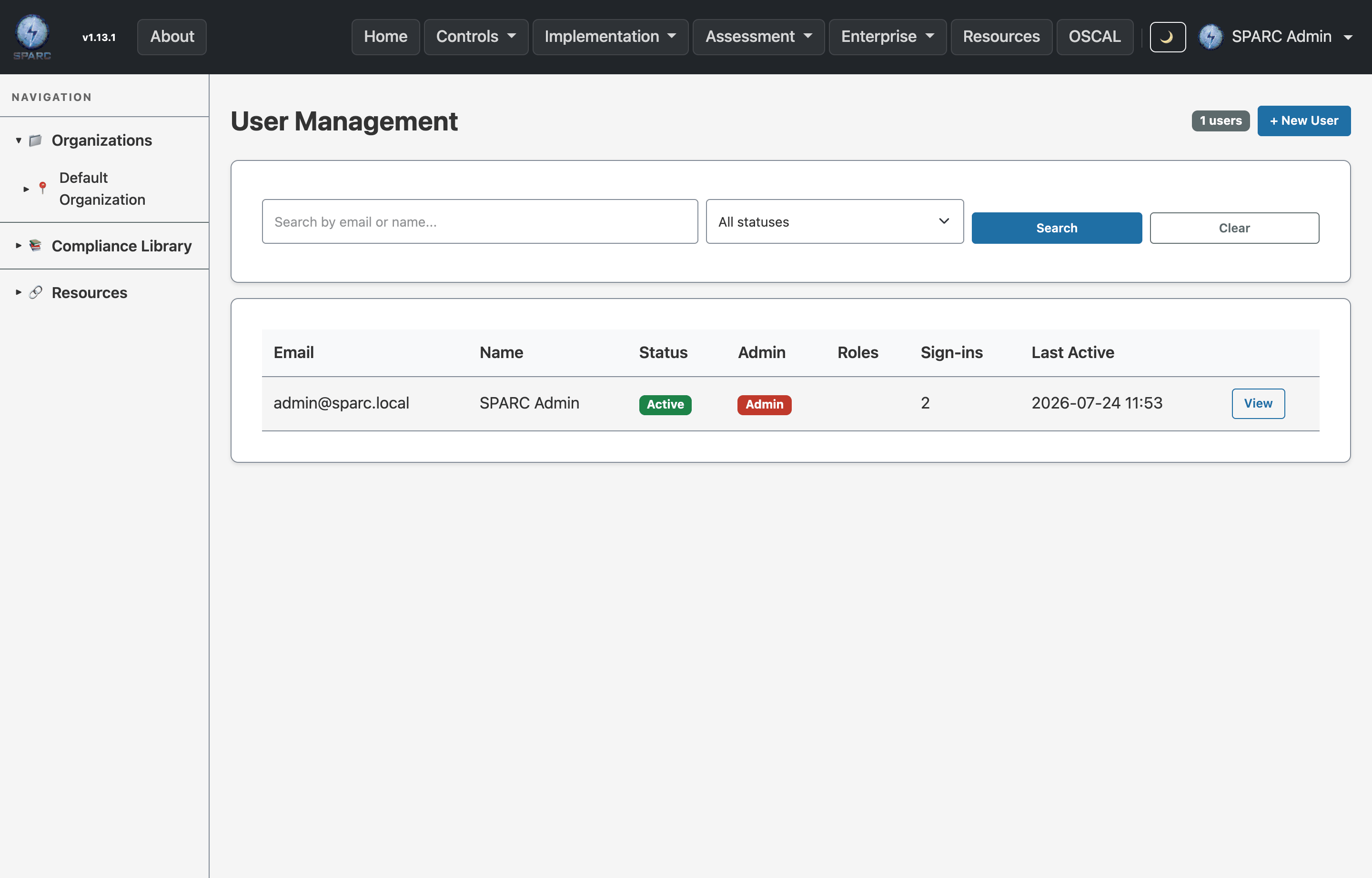 The Admin Users screen listing SPARC user accounts with their roles, status, and management actions