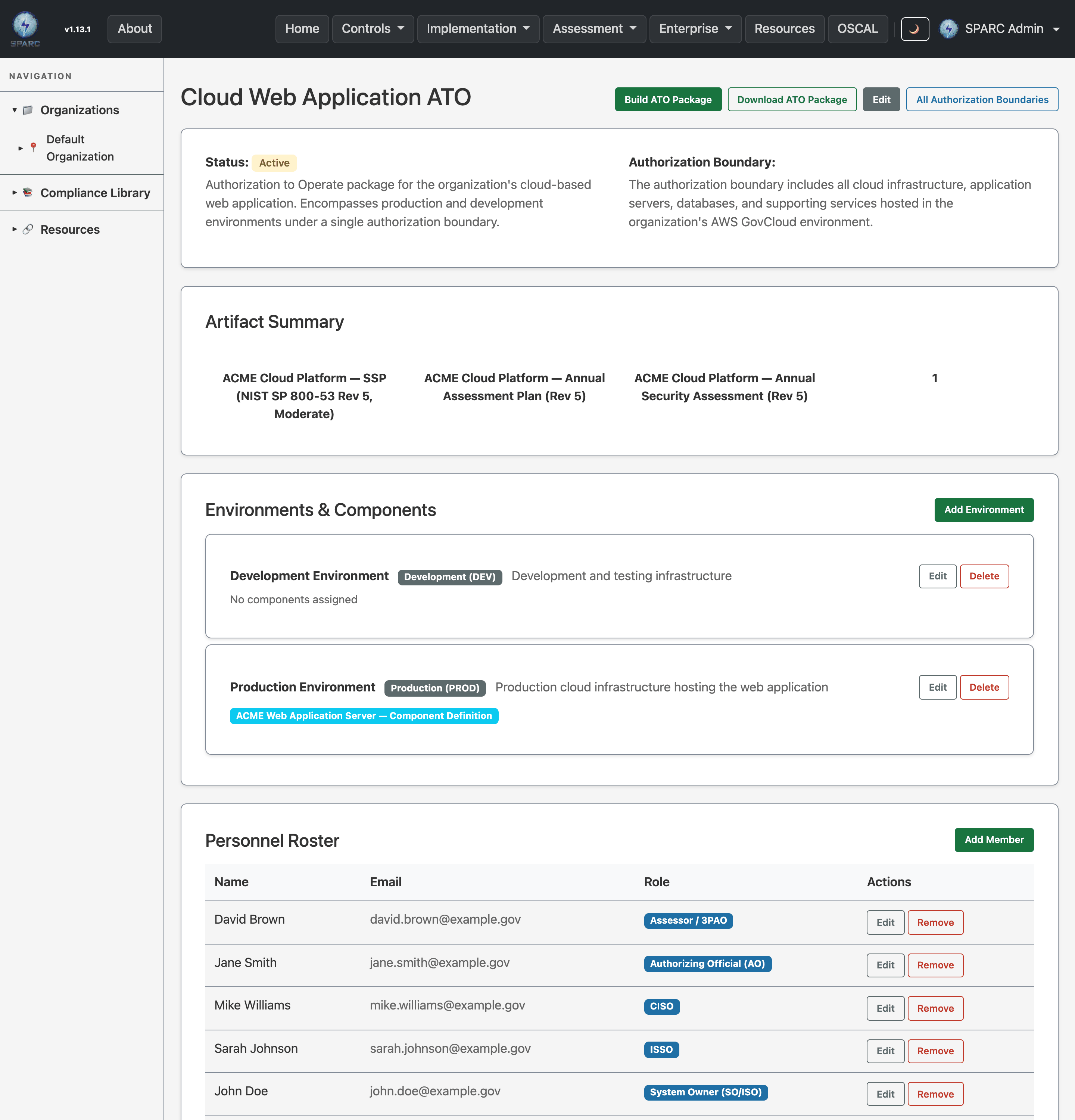 An Authorization Boundary detail view showing status, environments and components, a personnel roster, and attached artifacts