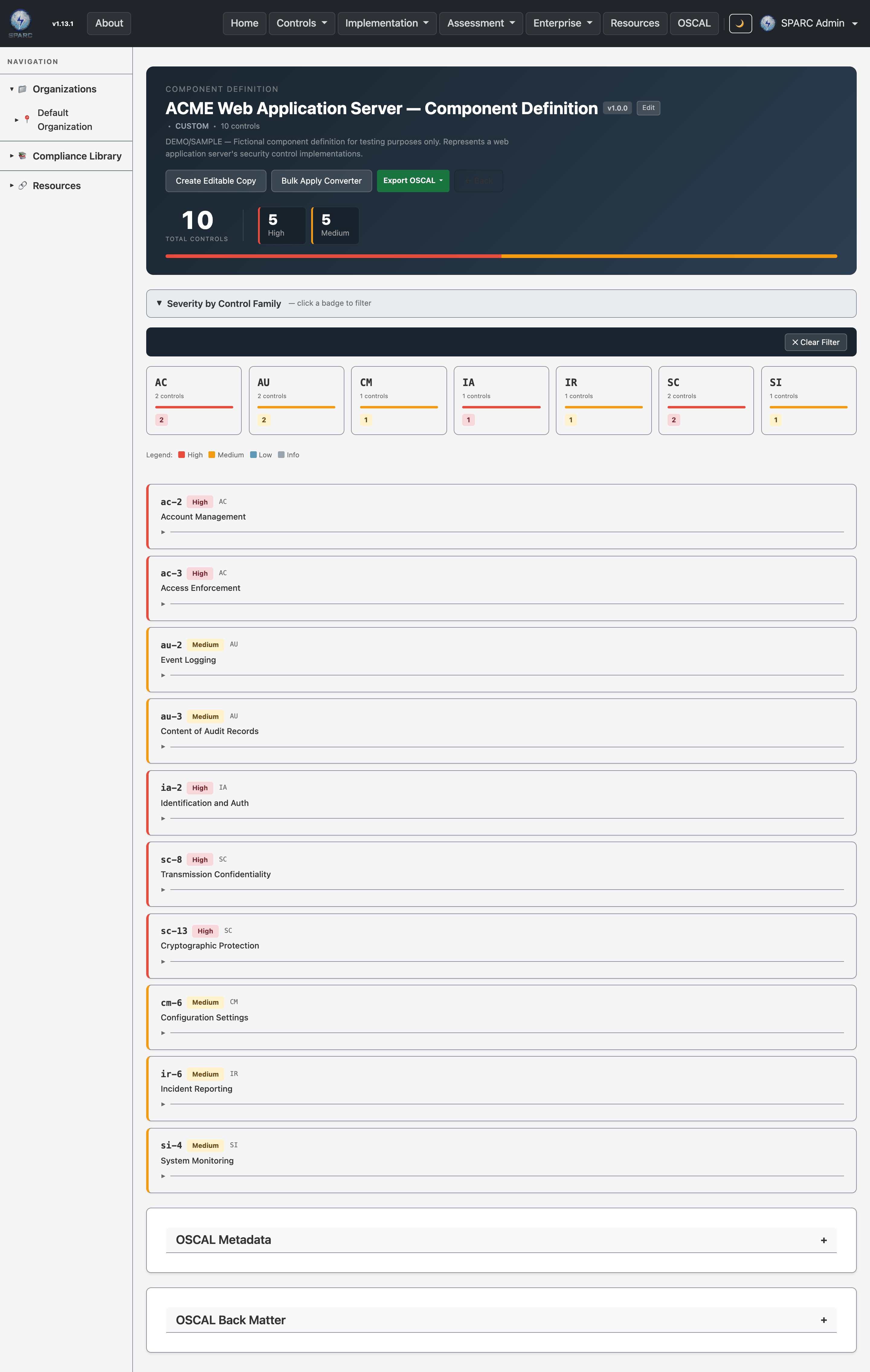 A Component Definition detail view showing the component, its implemented controls, and control statements