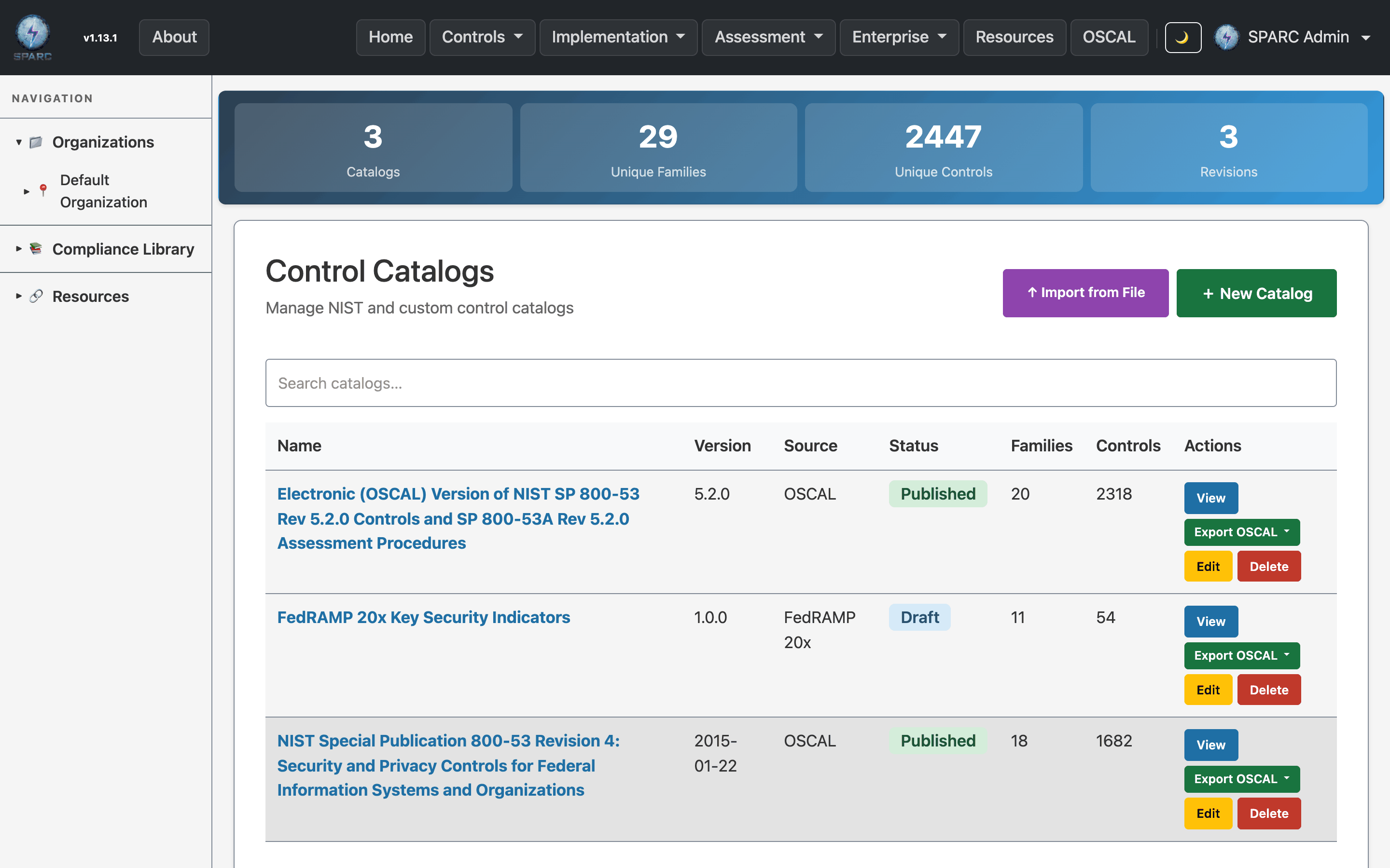 The Control Catalogs index listing available NIST catalogs and baselines with control counts