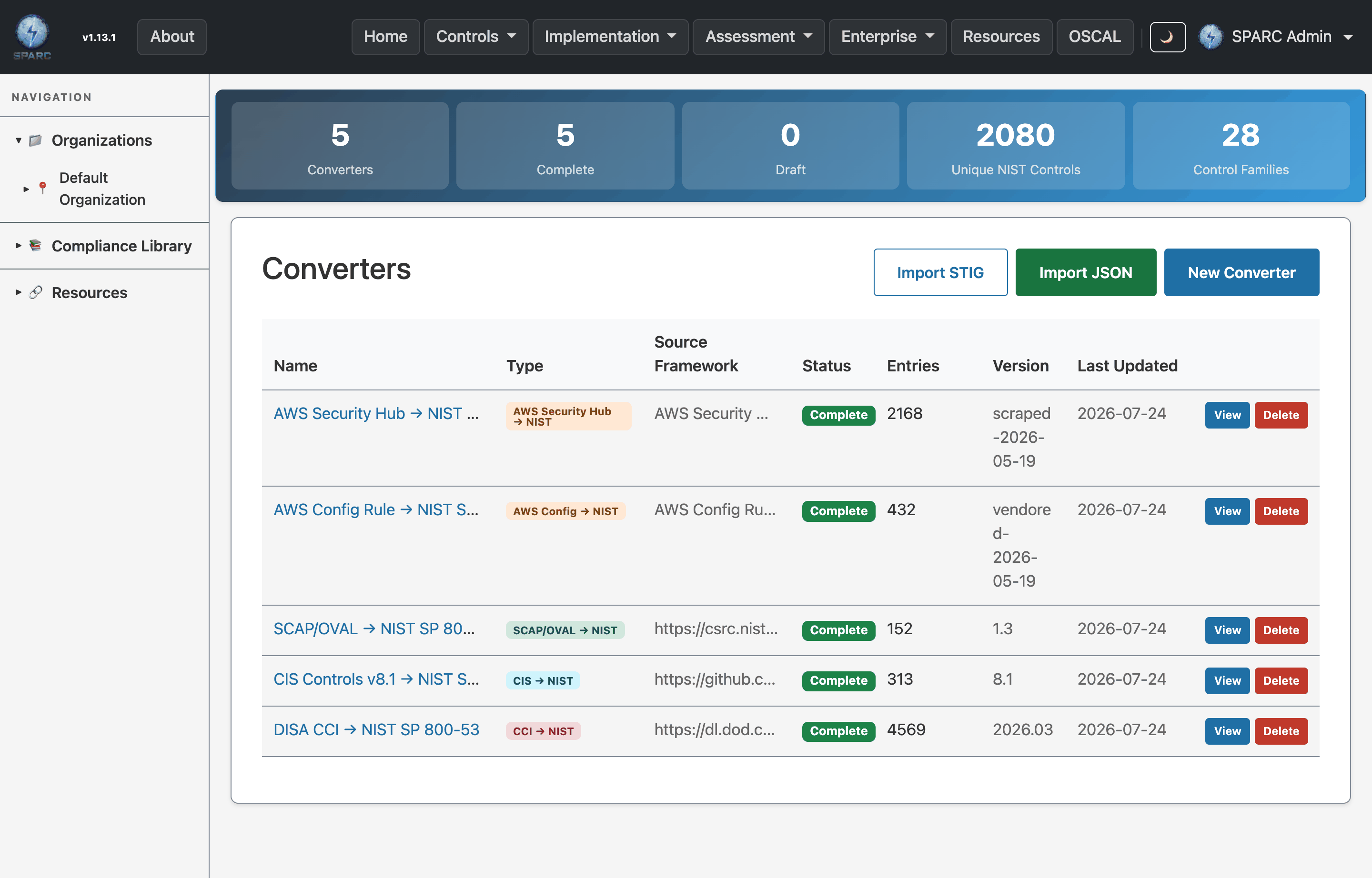 The Converters screen showing available format converters for importing and normalizing external data