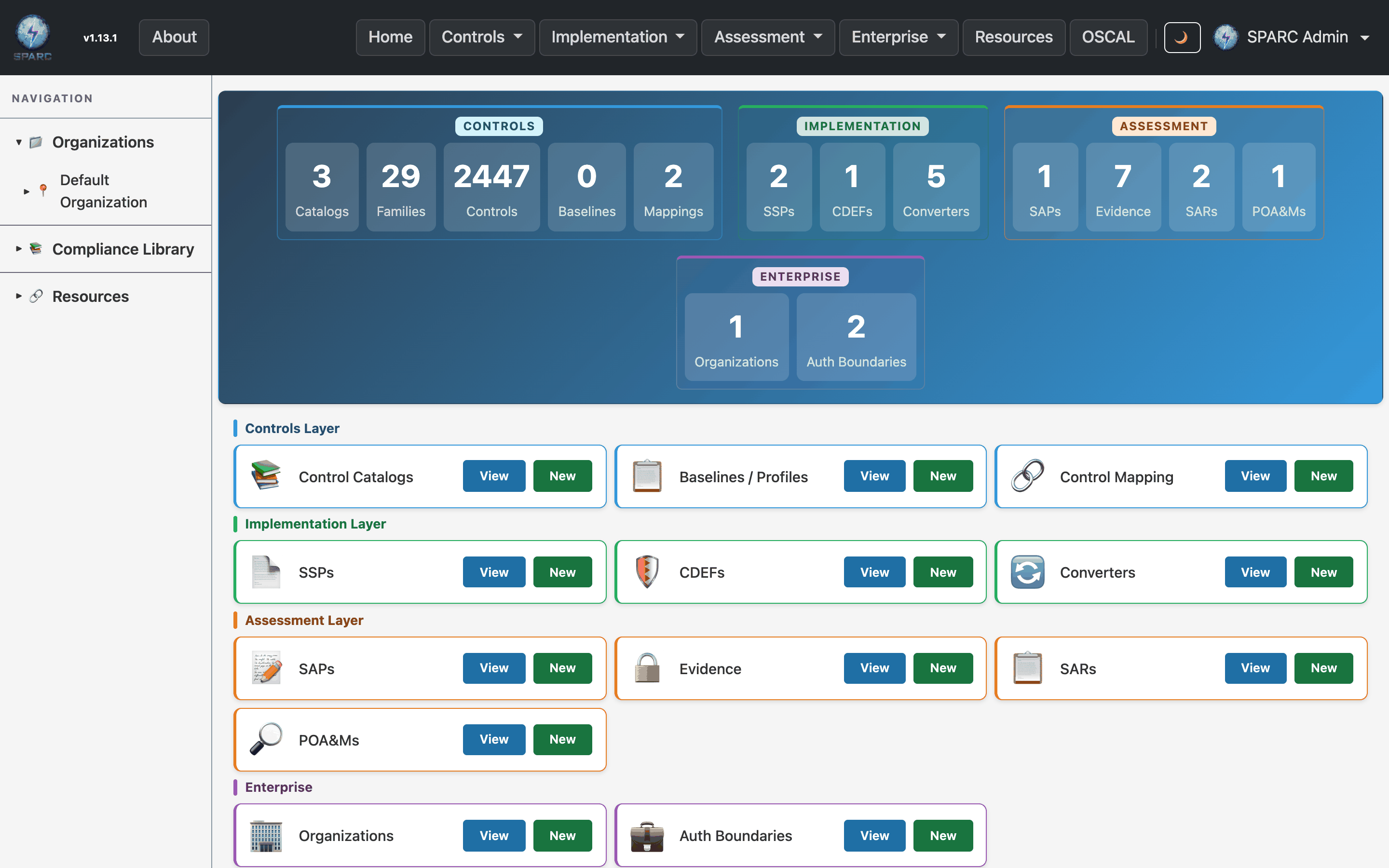 The SPARC Home dashboard showing statistics tiles for each compliance layer and quick-action cards