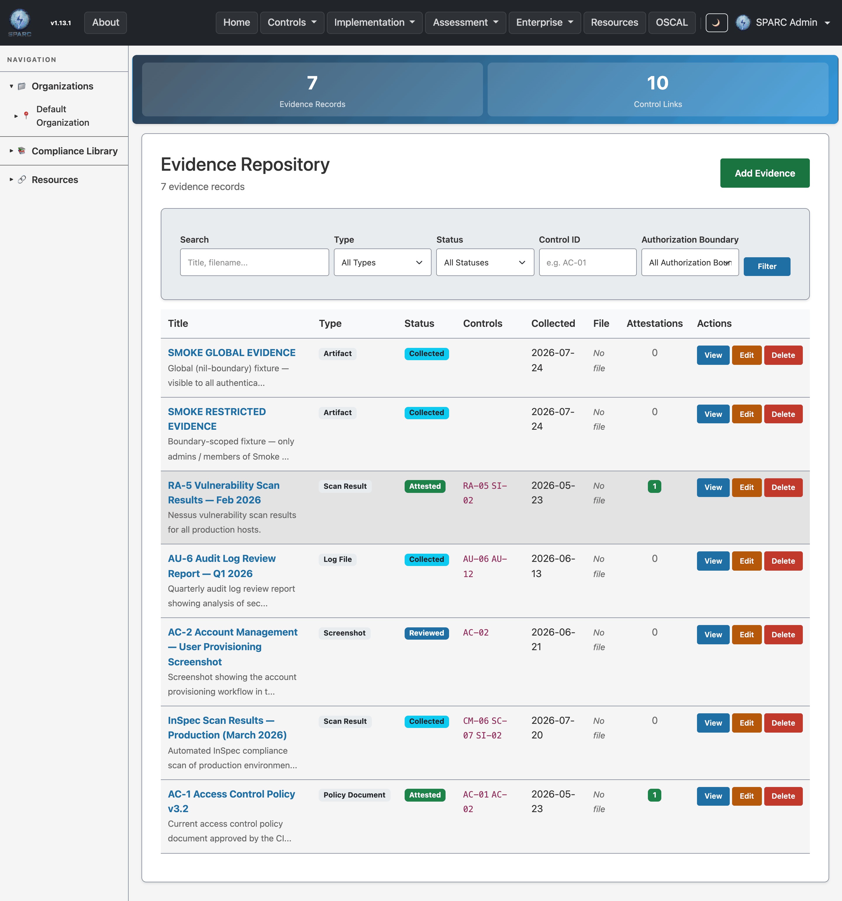 The Evidence index listing uploaded evidence artifacts with their scope and linked controls