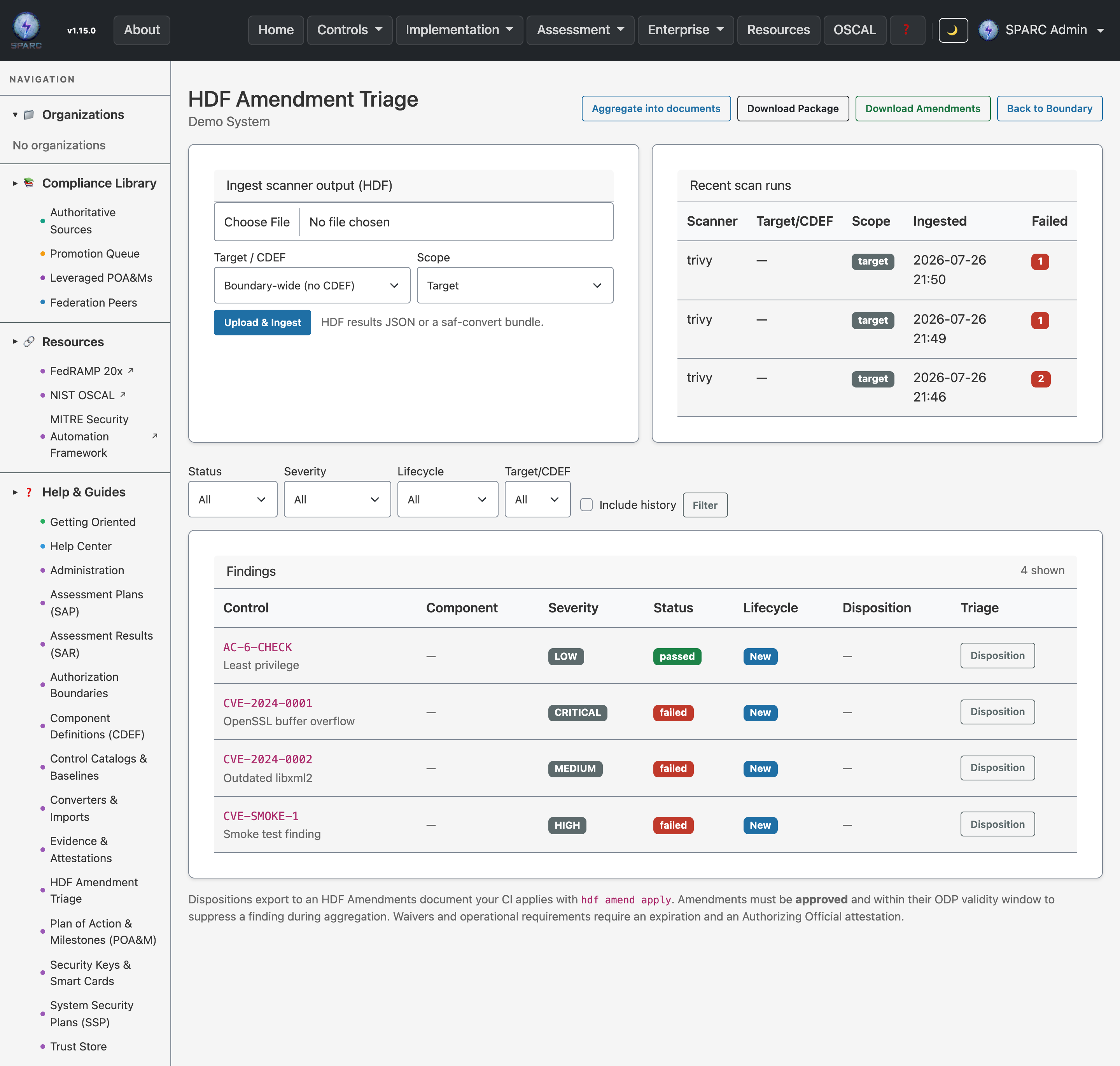 The HDF Amendment Triage screen: an ingest form with Target/CDEF and Scope selectors, a recent-scan-runs panel, status/severity/lifecycle/target filters with an Include history toggle, and the findings table showing Component, Lifecycle, and Disposition columns alongside the Aggregate and Download Package actions.