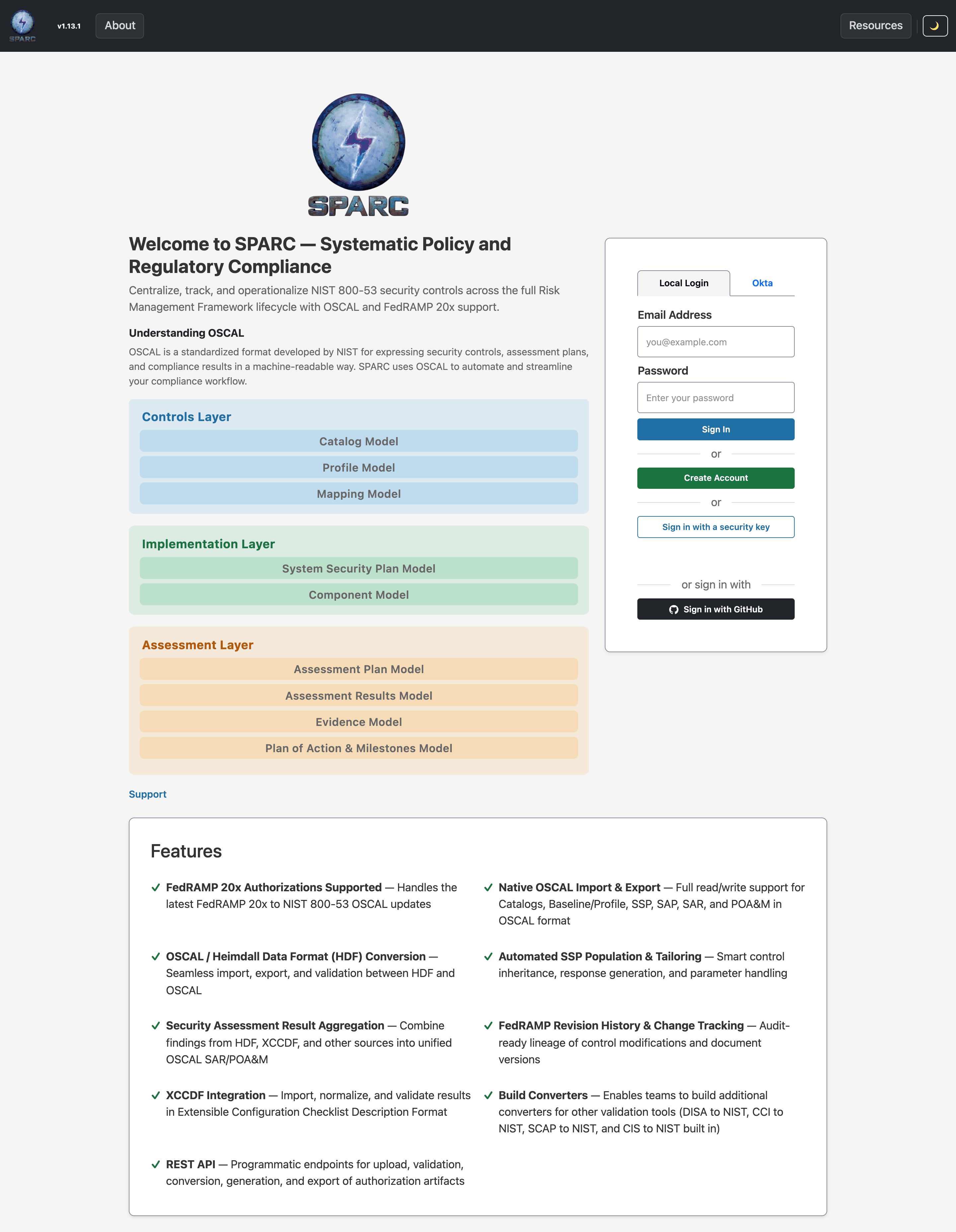 The SPARC Login page showing the welcome panel and the authentication method tabs