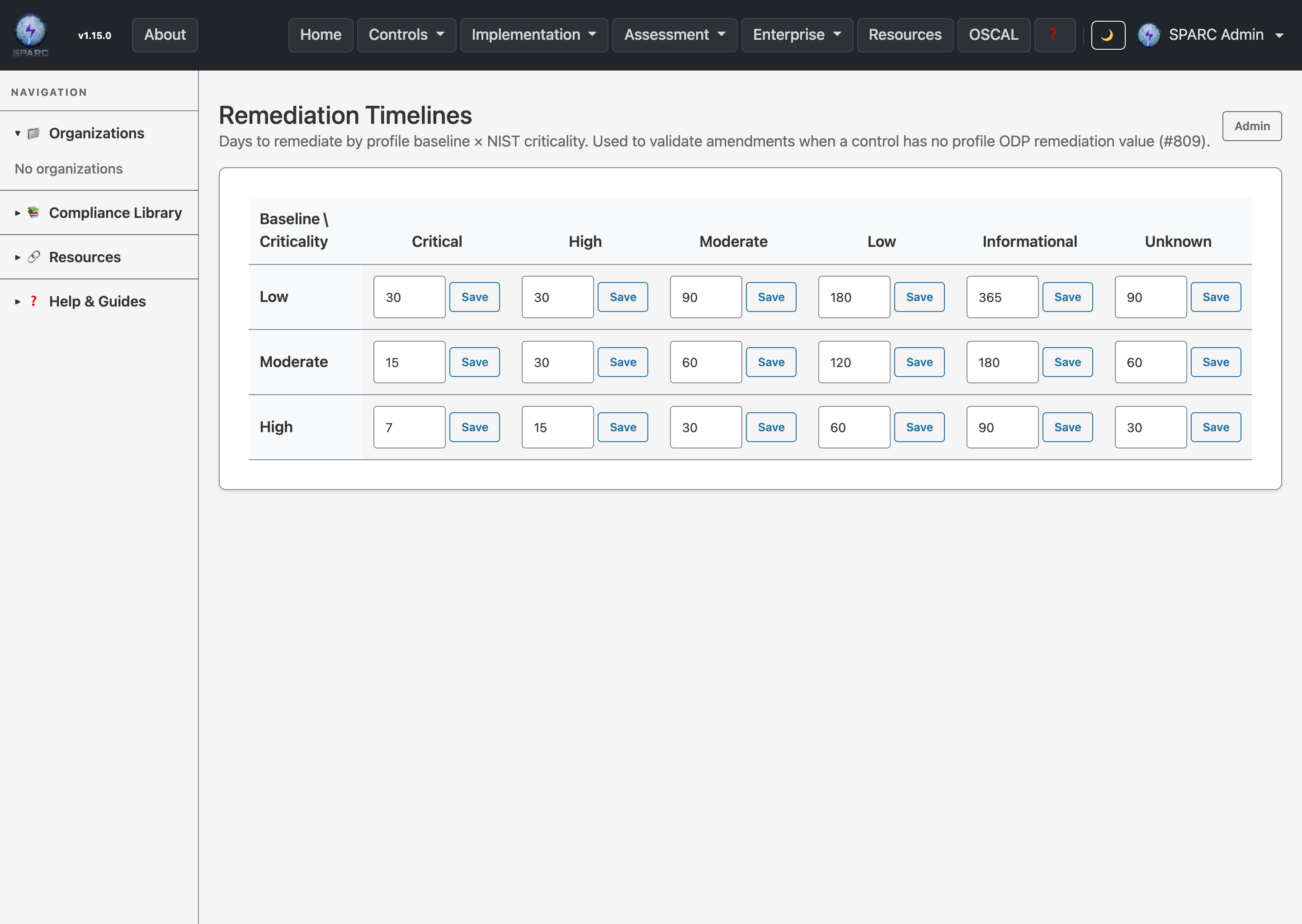 Admin → Remediation Timelines: a grid of remediation days with a row per profile baseline (Low, Moderate, High) and a column per NIST criticality (Critical, High, Moderate, Low, Informational, Unknown), each cell an editable day count with its own Save button.