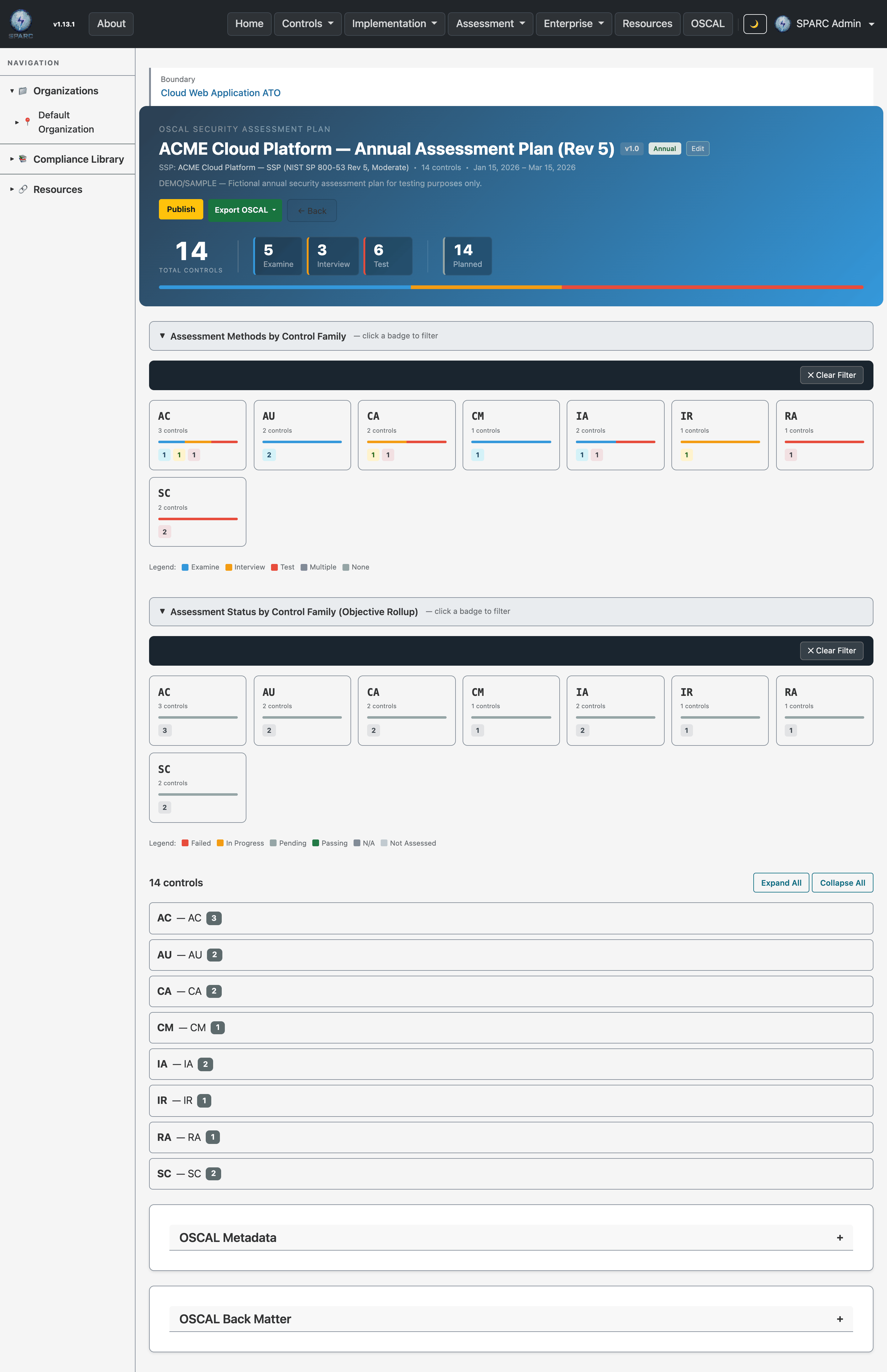 A Security Assessment Plan detail view showing plan metadata, assessment scope, and associated controls