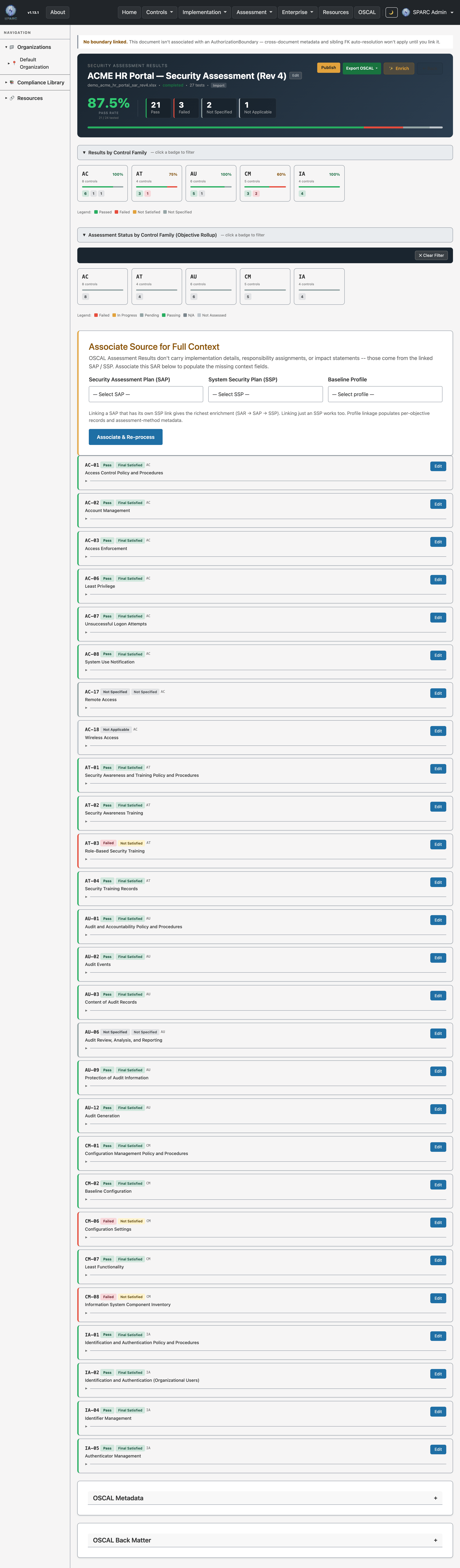 A Security Assessment Results detail view showing findings, observations, and control assessment outcomes