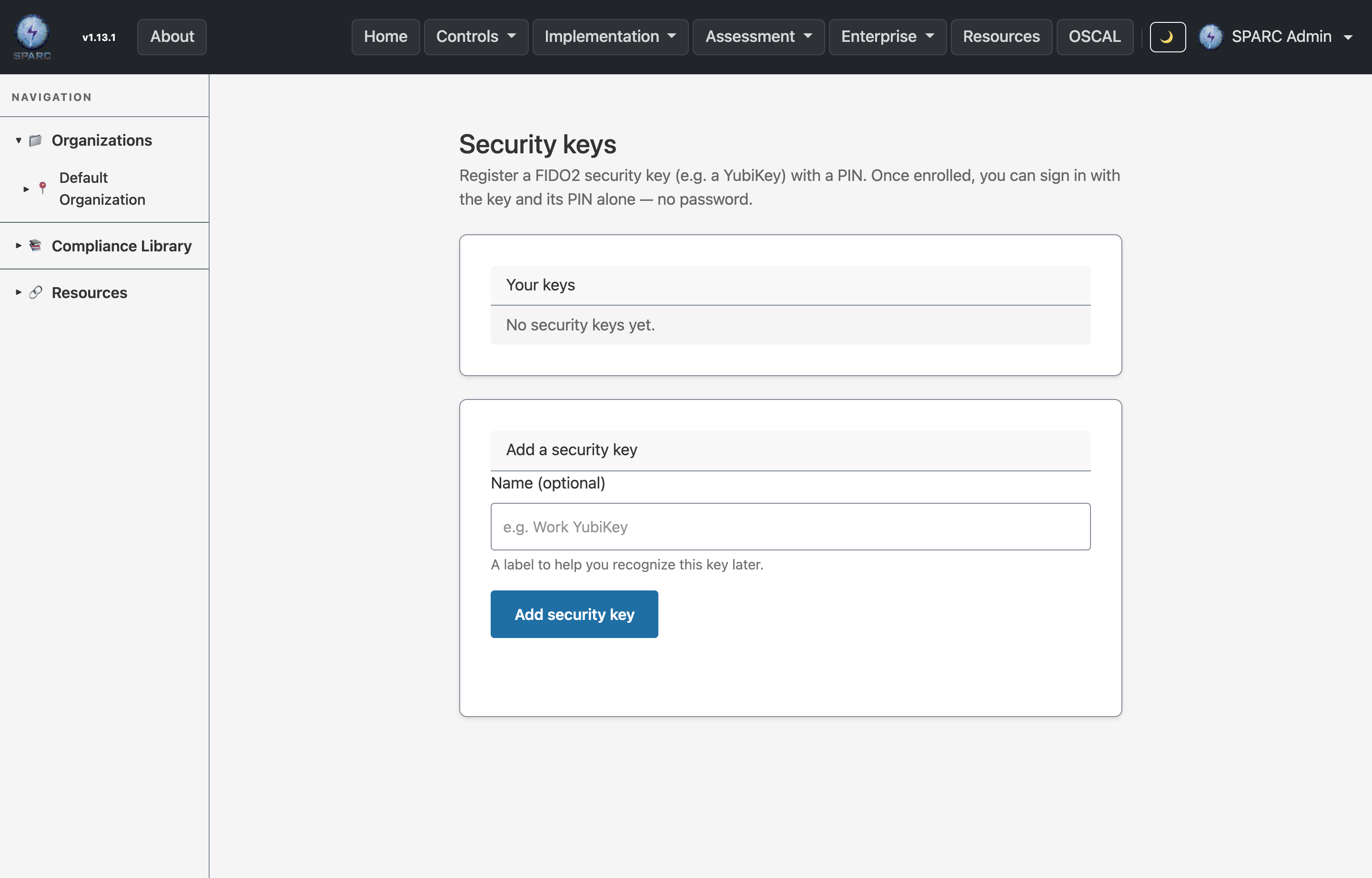 The Security Keys screen showing registered FIDO2 and PIV credentials with options to add or remove keys