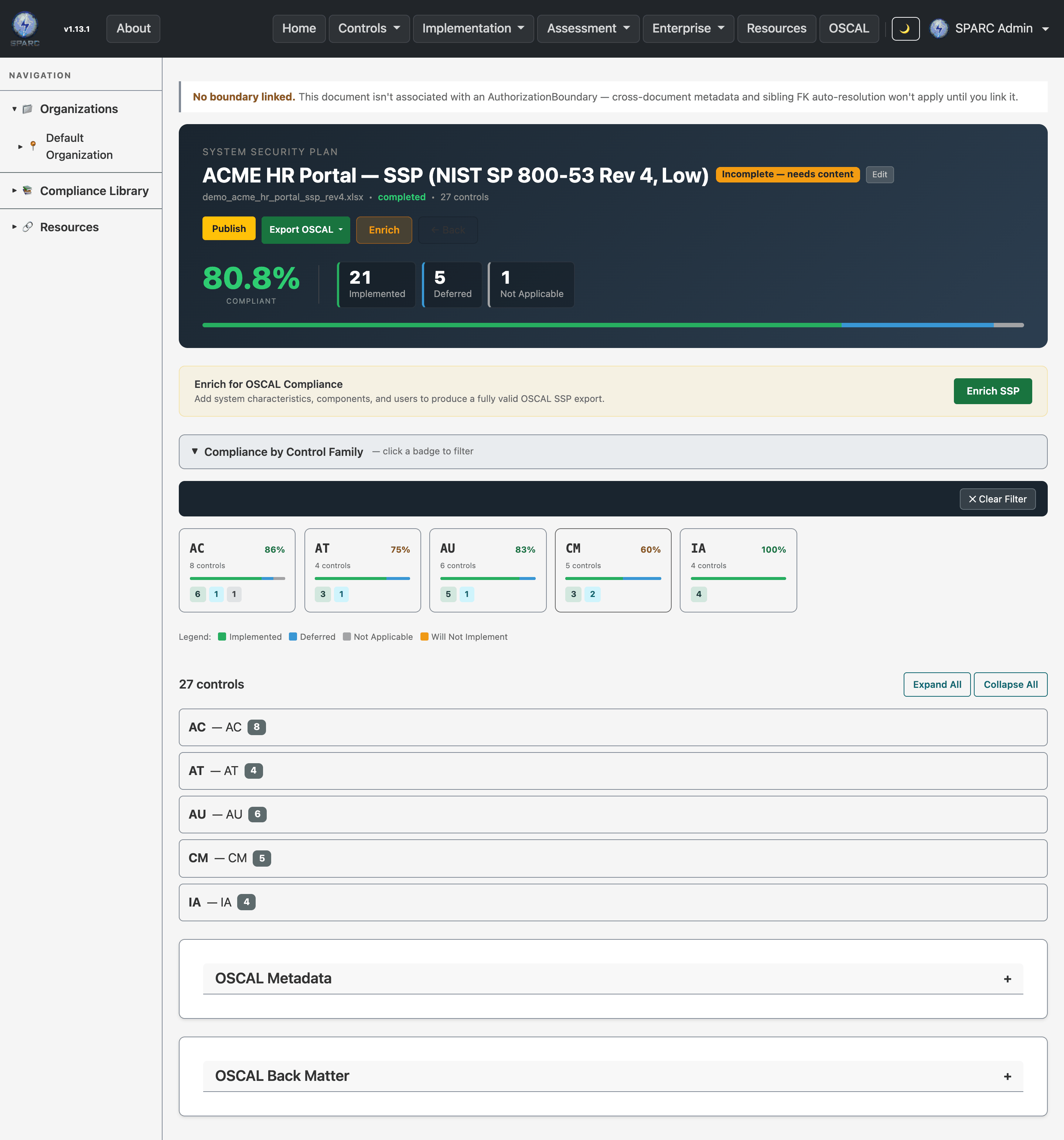 A System Security Plan detail view showing system characteristics, control implementations, and status