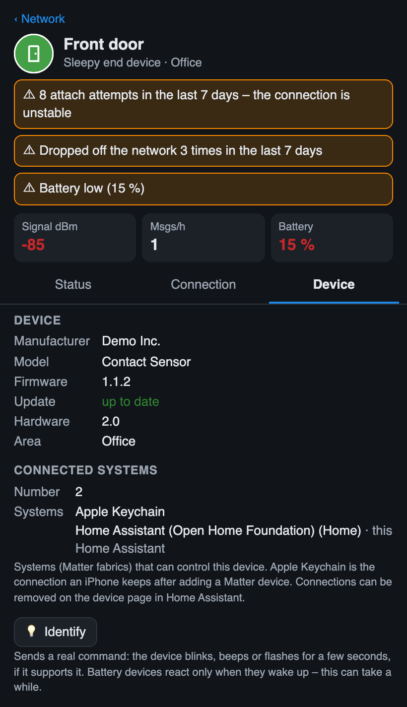 Tab Device: device data, connected systems, identify