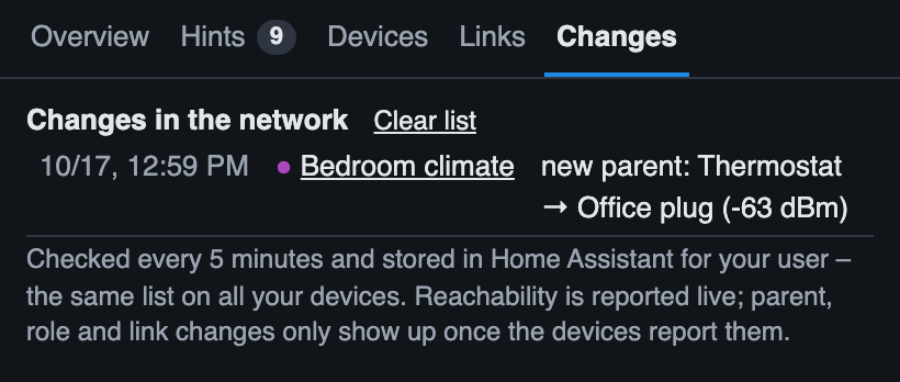 The change log in the network panel