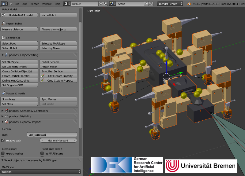 Model of the SpaceClimber robot in Blender, next to the Phobos toolbar displayed on the left.