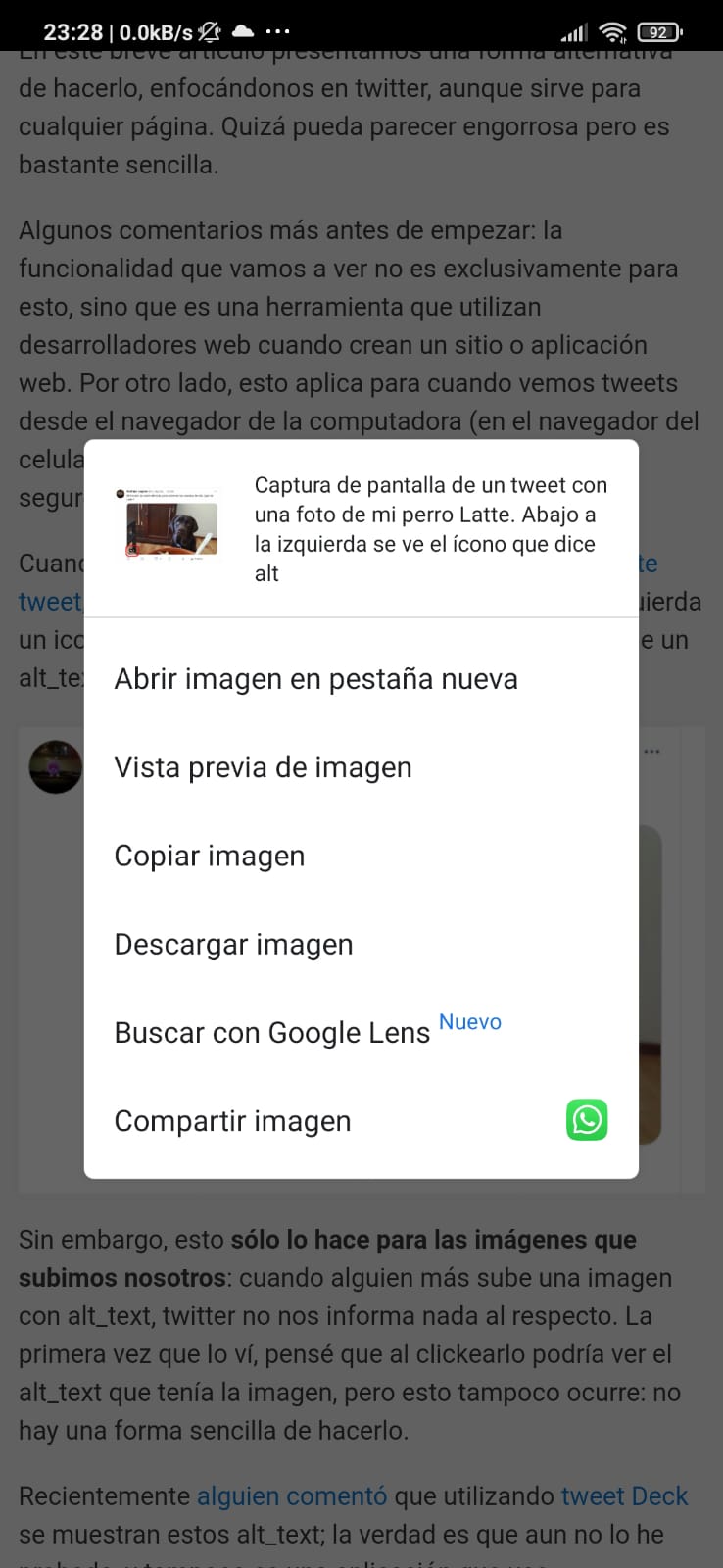 Captura de pantalla en el celular. El primer item del menu desplegado muestra el alt text que corresponde con el de una imagen de Latte, la primera de este artículo.