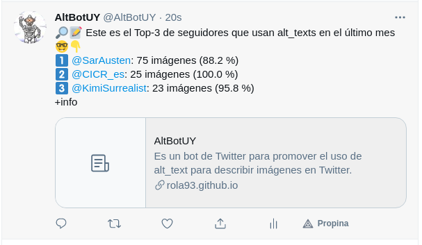 Captura de pantalla de un tweet con el reporte de seguidores descrito.