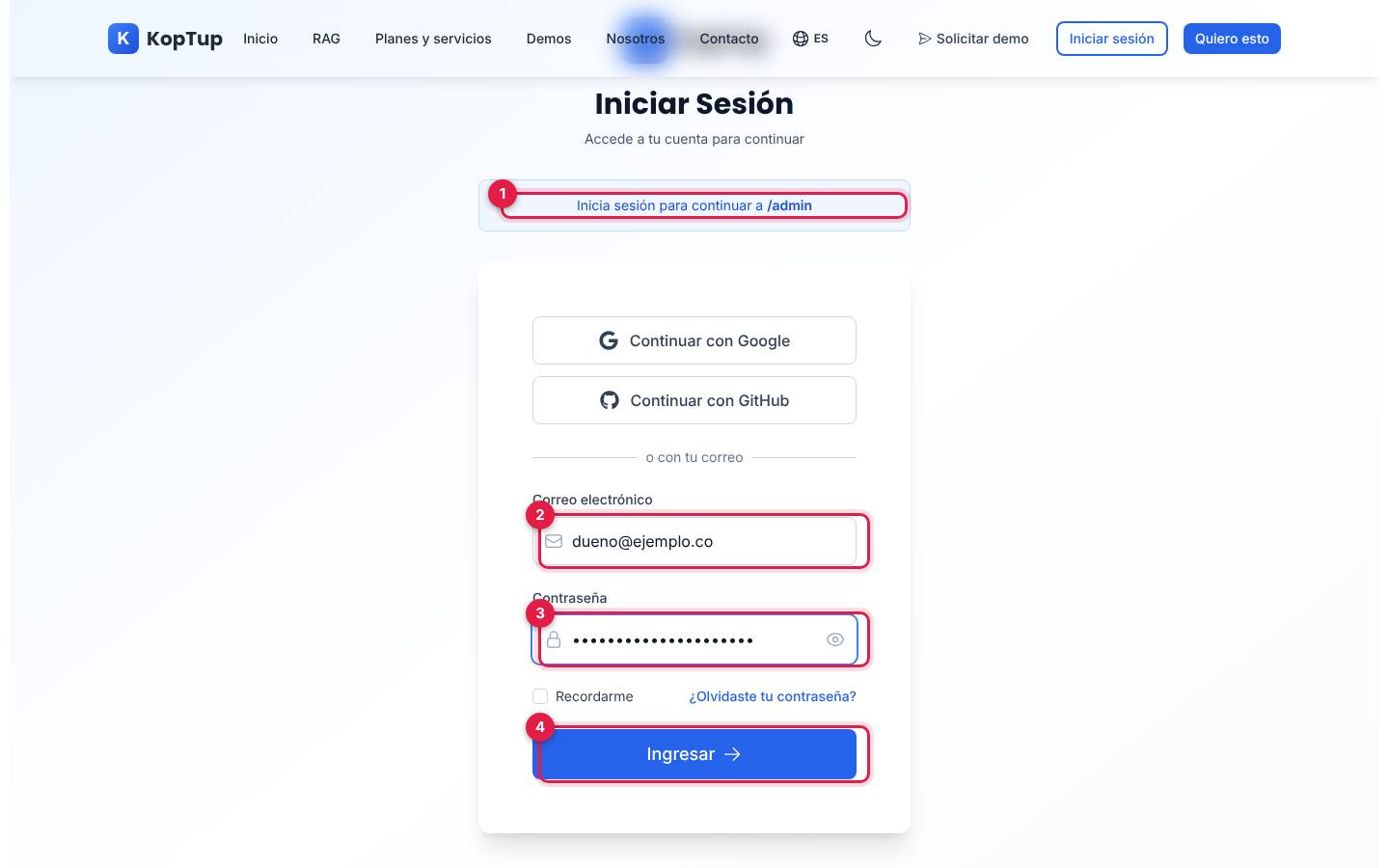 Inicio de sesión con redirección al panel, anotado