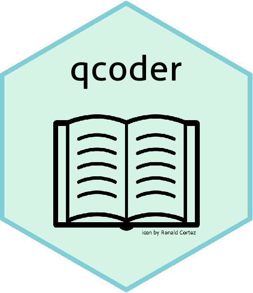 A turquoise hexagon is filled in with an aquamarine background. Qcoder is superimposed in the top point of the hexagon with a line drawing of an open book in the center.