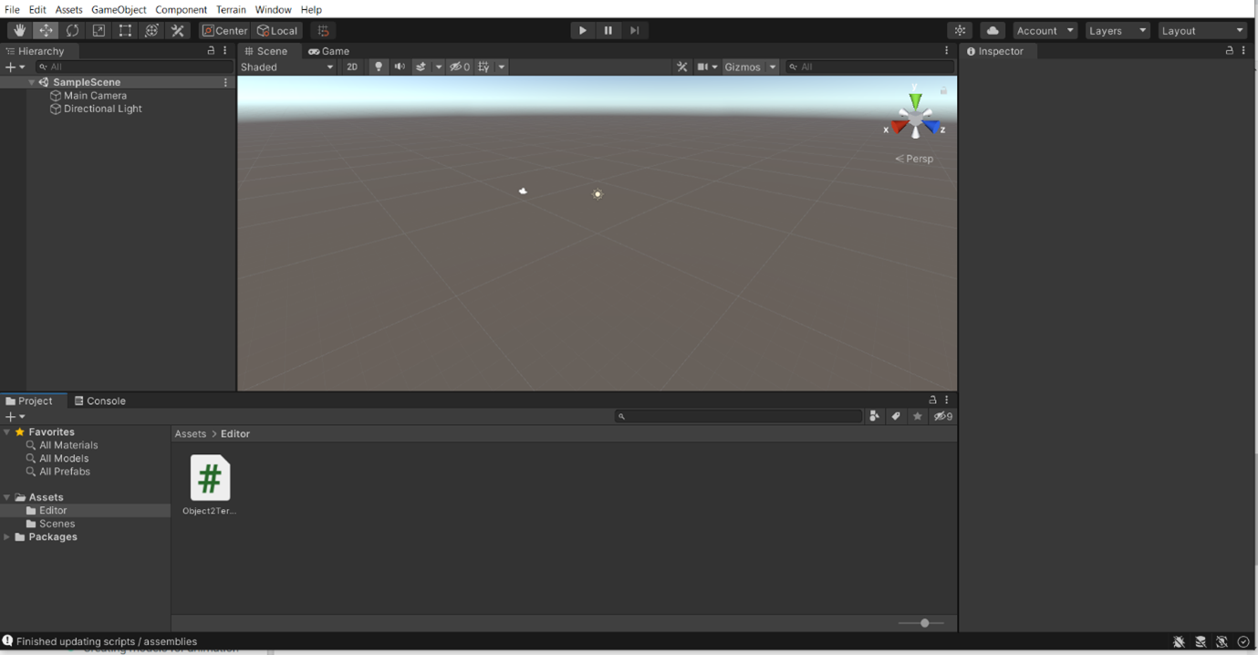 Note that the 'Terrain' tab has been added as a dropdown menu from the top of the Unity interface.