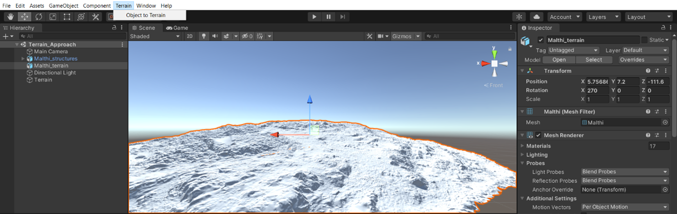 The image shows the Unity interface, with the 'Terrain' dropdown menu engaged, showing the 'Object to Terrain' option, which should then be selected.