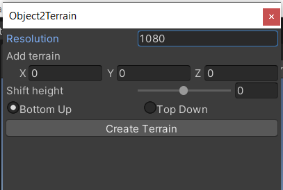 The Object2Terrain dialogue box prompts you to provide a resolution at which to project the details from your mesh to the terrain mesh.