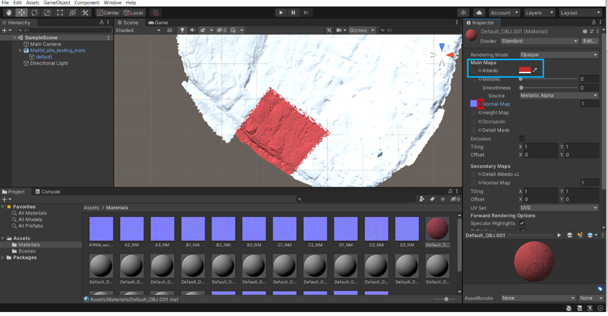 Change the colour of the material so that you can identify the correct normal map to assign to it.