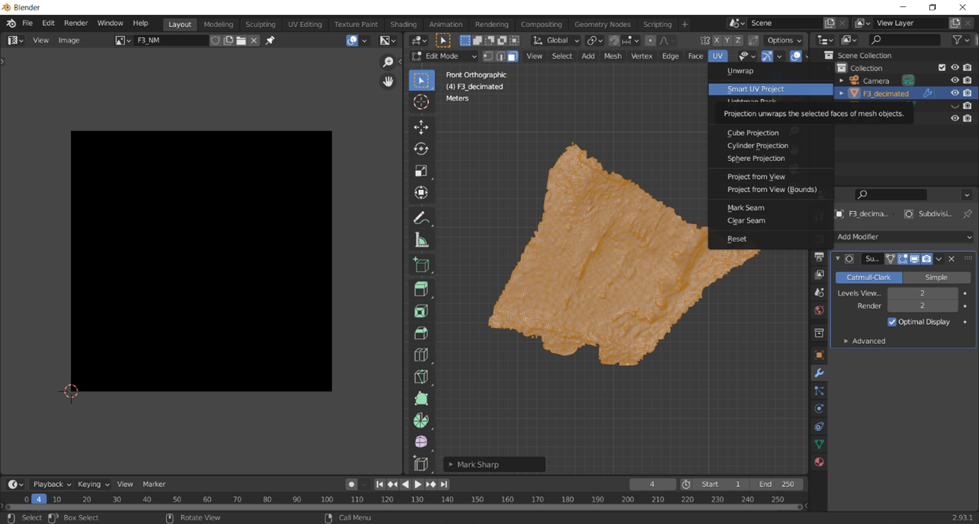 The navigation to the Smart UV unwrapping tool in Blender.