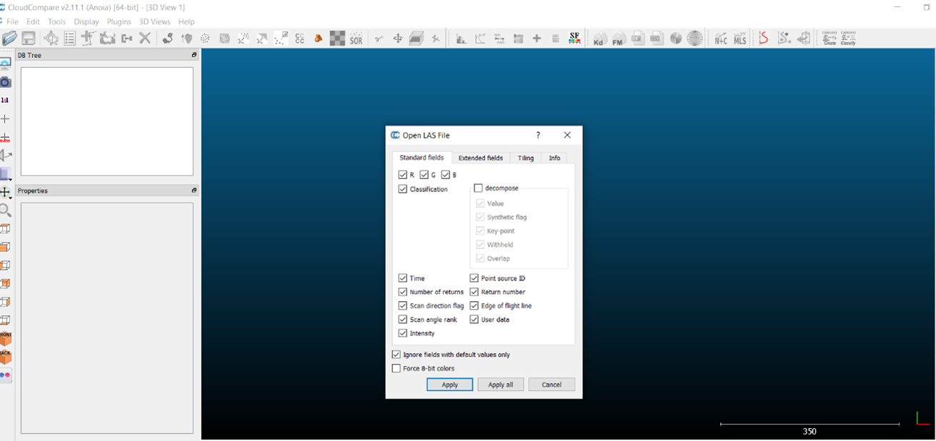 Screencapture of the CloudCompare dialog box as it appears after importing a .las file.