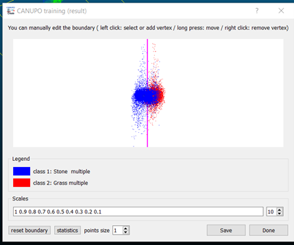 The dialog box displaying the CANUPO classifer - the purple line represents the statistical difference between the grass and wall point clouds.