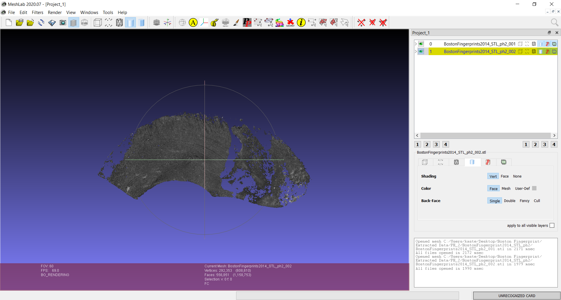 A screenshot of MeshLab with the two files comprising the 3D model of
PH_2 imported.