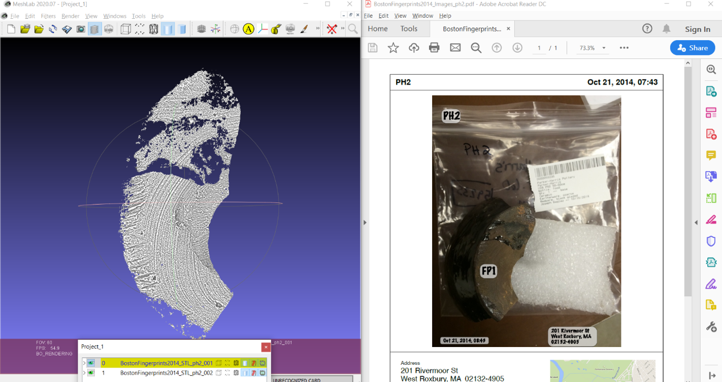 A screenshot with two windows open side by side. On the right side,
the reference image for PH_2 has been opened. It is a photograph of the
potsherd resting on its artefact bag. The left side shows the 3D model
aligned in MeshLab to match the alignment of the photograph of the
potsherd.