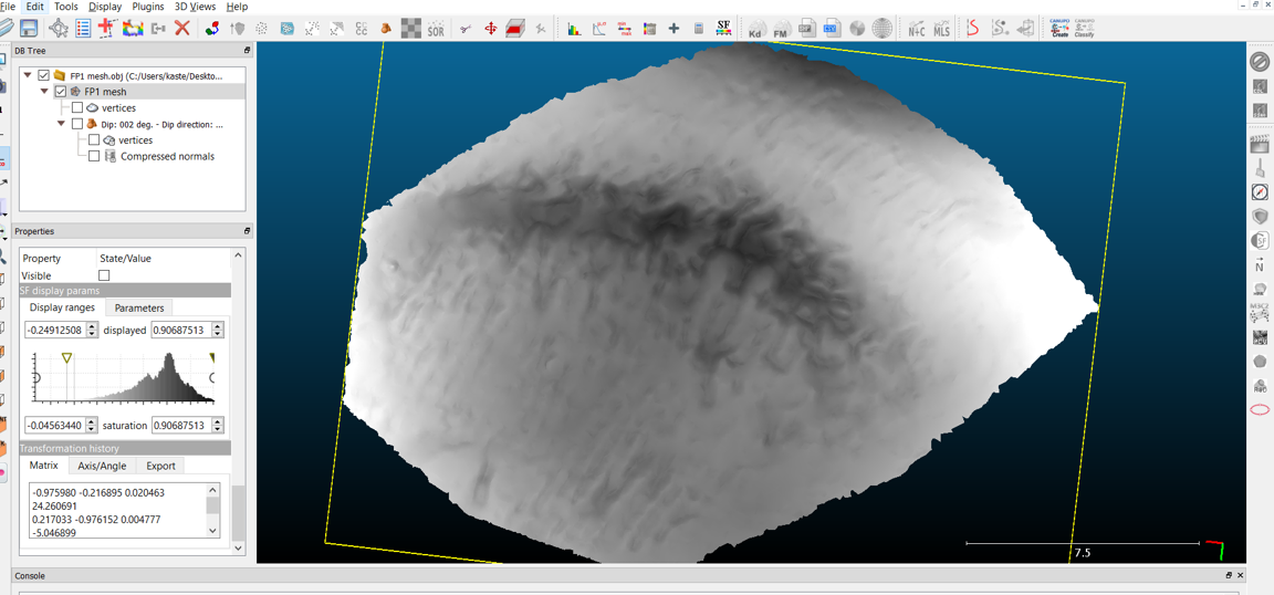 A screenshot of the fingerprint where the grey color scale has been
inverted. Now the raised ridge of clay is black, while the lower parts
of the mesh are white. 
