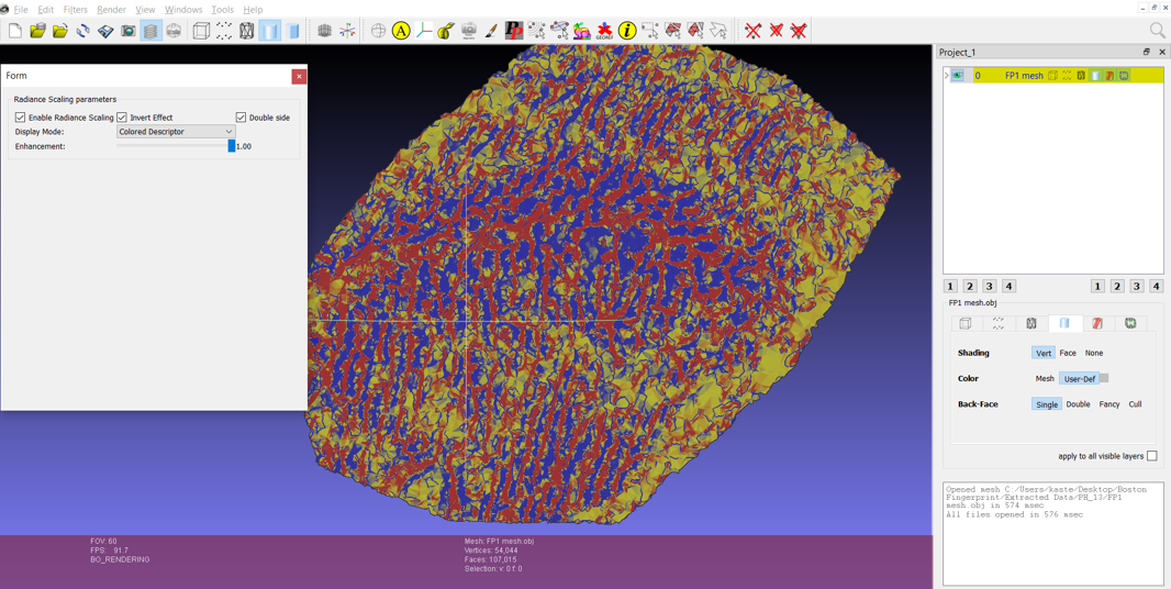 A screenshot of the same fingerprint mesh imported into Meshlab.
Radiance Scaling has been applied, but the display mode has been changed
to Colored Descriptor. This brings out the ridges of the fingerprint
despite the raised ridge of clay disrupting the centre of the
fingerprint.