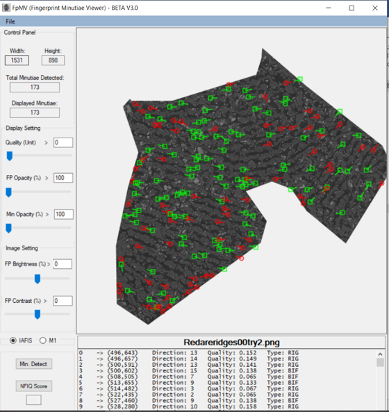 A screenshot of one of the fingerprint meshes run through the Fingerprint Minutiae Viewer software. Features potentially key to fingerprint identification have been highlighted with green rectangles.